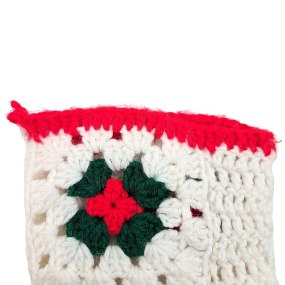 Vintage Granny Square Stocking Handmade Crochet Christmas Holiday Holly Decor - Picture 5 of 6